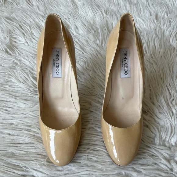 Jimmy Choo Cosmic Nude Beige Patent Leather Platform High Heel Pumps Size 39.5 - Picture 3 of 9